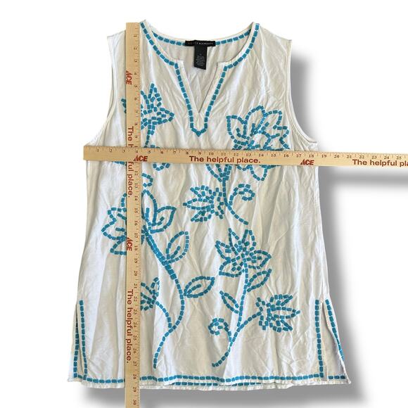 Grace Elements White Blue Embroidered Linen Blend Tunic Top L Classic Coastal - Picture 3 of 7